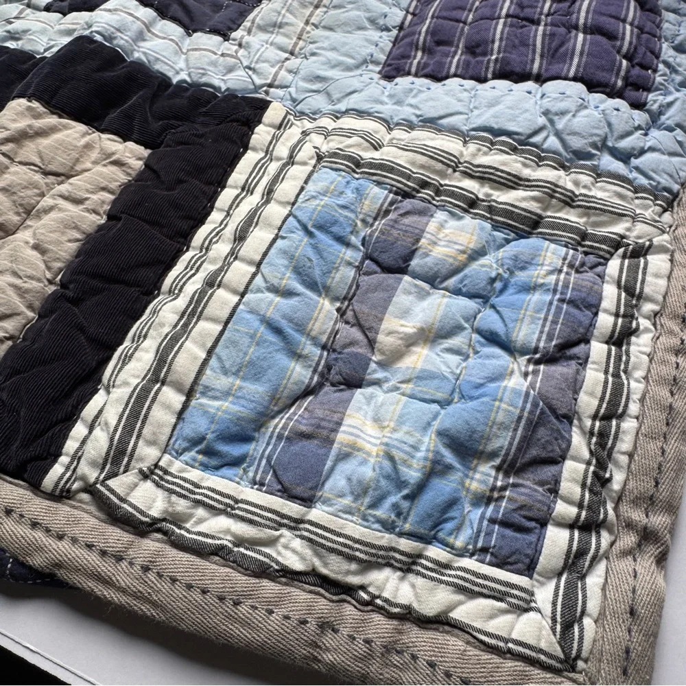Pottery Barn Kids Quilted Pillowcase Shams Set Blue Red Plaid Patchwork Cotton